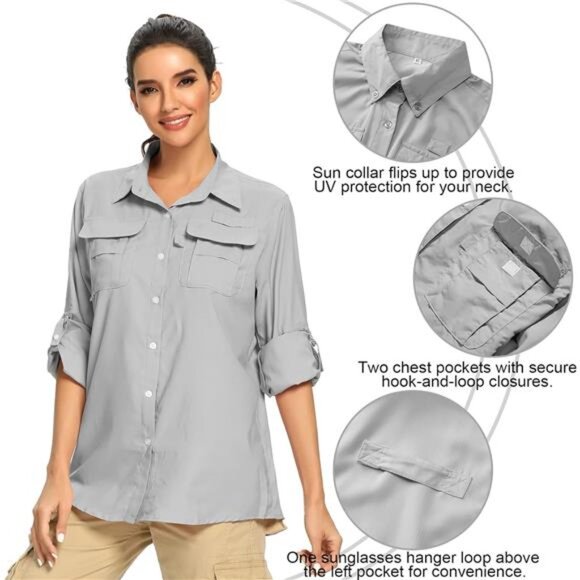 50+ UV Sun Protection Safari Shirt, Long Sleeve Outdoor Cool Quick - Picture 2 of 7